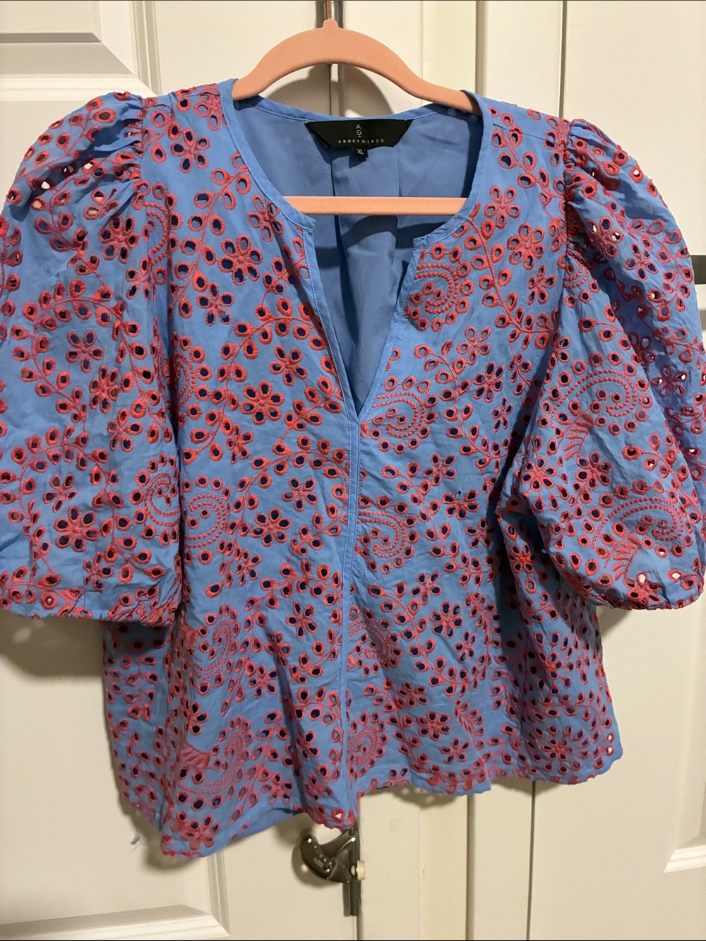 Blue Eyelet Puff-Sleeve Blouse with Pink Embroidery